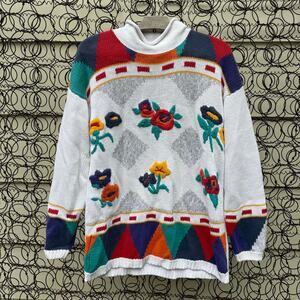 Vintage 90s AJ Brandon Floral Geometric Colorful Sweater Mock Neck MEDIUM
